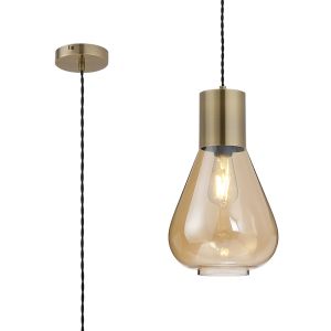 Odeyscene 23cm Narrow Pendant, 1 x E27, Antique Brass/Amber Glass