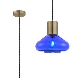 Odeyscene 31cm Wide Pendant, 1 x E27, Antique Brass/Blue Ink Glass
