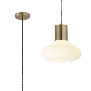 Odeyscene 31cm Wide Pendant, 1 x E27, Antique Brass/Opal Glass