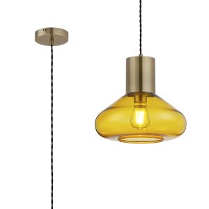Odeyscene 31cm Wide Pendant, 1 x E27, Antique Brass/Yellow Glass