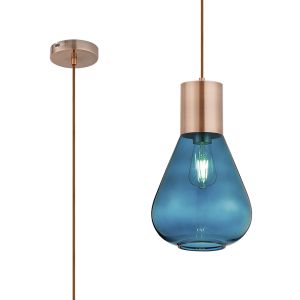 Odeyscene 23cm Narrow Pendant, 1 x E27, Antique Copper/Teal Blue Glass