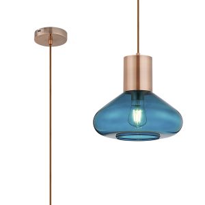 Odeyscene 31cm Wide Pendant, 1 x E27, Antique Copper/Teal Blue Glass