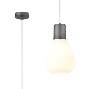 Odeyscene 23cm Narrow Pendant, 1 x E27, Pewter/Opal Glass