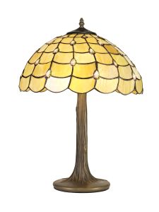 Pacemenu 2 Light Tree Like Table Lamp E27 With 40cm Tiffany Shade, Beige/Clear Crystal/Aged Antique Brass