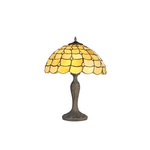 Pacemenu 2 Light Curved Table Lamp E27 With 40cm Tiffany Shade, Beige/Clear Crystal/Aged Antique Brass