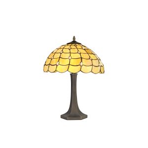 Pacemenu 2 Light Octagonal Table Lamp E27 With 40cm Tiffany Shade, Beige/Clear Crystal/Aged Antique Brass