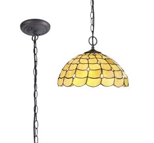 Pacemenu 2 Light Downlighter Pendant E27 With 40cm Tiffany Shade, Beige/Clear Crystal/Aged Antique Brass
