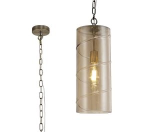 Paninoteca 18.5cm Glass Cylinder Pendant, 1 Light E27, Antique Brass/Amber