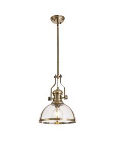 Peninaro Multi Height Pendant, 1 x E27, Antique Brass With Round 30cm Antique Brass / Clear Glass Shade