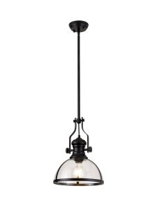 Peninaro Multi Height Pendant, 1 x E27, Matt Black With Round 30cm Matt Black / Clear Glass Shade