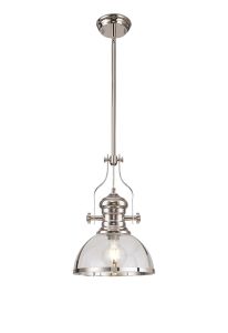 Peninaro Multi Height Pendant, 1 x E27, Polished Nickel With Round 30cm Polished Nickel / Clear Glass Shade
