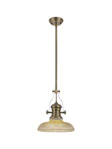 Peninaro 1 Light Multi Height Pendant E27 With 30cm Round Glass Shade, Antique Brass/Amber