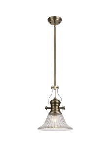 Peninaro 1 Light Pendant E27 With 30cm Bell Glass Shade, Antique Brass/Clear