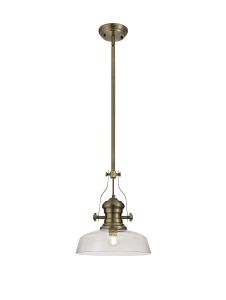 Peninaro 1 Light Pendant E27 With 30cm Flat Round Glass Shade, Antique Brass/Clear