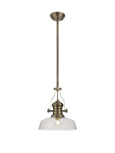 Peninaro 1 Light Multi Height Pendant E27 With 30cm Flat Round Glass Shade, Antique Brass/Clear