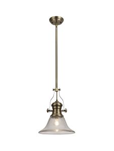 Peninaro 1 Light Pendant E27 With 30cm Smooth Bell Glass Shade, Antique Brass/Clear