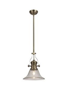 Peninaro 1 Light Multi Height Pendant E27 With 30cm Smooth Bell Glass Shade, Antique Brass/Clear