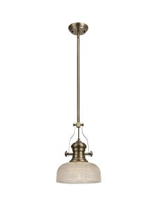 Peninaro 1 Light Multi Height Pendant E27 With 26.5cm Prismatic Glass Shade, Antique Brass/Clear