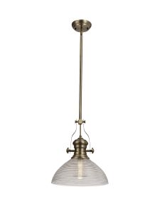 Peninaro 1 Light Multi Height Pendant E27 With 33.5cm Prismatic Glass Shade, Antique Brass/Clear