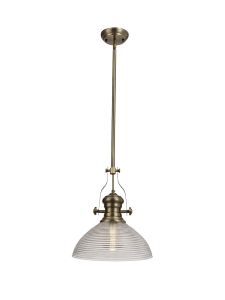 Peninaro 1 Light Pendant E27 With 33.5cm Prismatic Glass Shade, Antique Brass/Clear