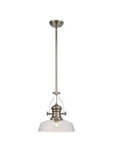 Peninaro 1 Light Pendant E27 With 30cm Flat Round Glass Shade, Polished Nickel/Clear