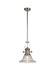 Peninaro 1 Light Multi Height Pendant E27 With 30cm Smooth Bell Glass Shade, Polished Nickel/Clear