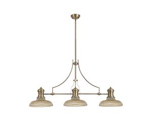 Peninaro 3 Light Linear Multi Height Pendant E27 With 30cm Round Glass Shade, Antique Brass, Amber