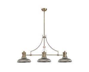 Peninaro 3 Light Linear Multi Height Pendant E27 With 30cm Round Glass Shade, Antique Brass, Smoked