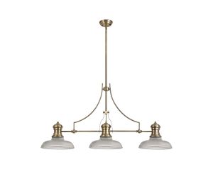 Peninaro 3 Light Linear Multi Height Pendant E27 With 30cm Round Glass Shade, Antique Brass, Clear