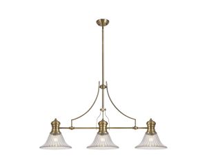 Peninaro 3 Light Linear Multi Height Pendant E27 With 30cm Bell Glass Shade, Antique Brass, Clear