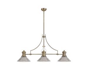 Peninaro 3 Light Linear Multi Height Pendant E27 With 30cm Cone Glass Shade, Antique Brass, Clear