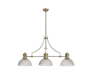 Peninaro 3 Light Linear Multi Height Pendant E27 With 30cm Dome Glass Shade, Antique Brass, Clear