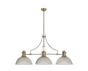 Peninaro 3 Light Linear Multi Height Pendant E27 With 38cm Dome Glass Shade, Antique Brass, Clear