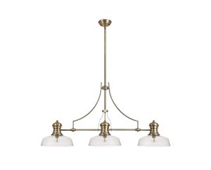 Peninaro 3 Light Linear Multi Height Pendant E27 With 30cm Flat Round Glass Shade, Antique Brass, Clear