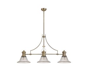 Peninaro 3 Light Linear Multi Height Pendant E27 With 30cm Smooth Bell Glass Shade, Antique Brass, Clear