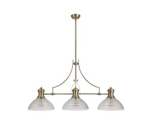 Peninaro 3 Light Linear Multi Height Pendant E27 With 33.5cm Prismatic Glass Shade, Antique Brass, Clear