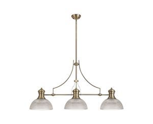 Peninaro 3 Light Linear Multi Height Pendant E27 With 30cm Prismatic Glass Shade, Antique Brass, Clear