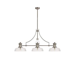 Peninaro 3 Light Linear Multi Height Pendant E27 With 30cm Flat Round Glass Shade, Polished Nickel, Clear