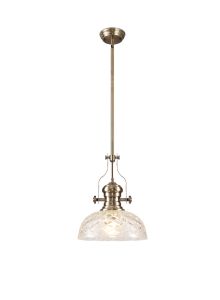 Peninaro Multi Height Pendant With 30cm Flat Round Patterned Shade, 1 x E27, Antique Brass/Clear Glass