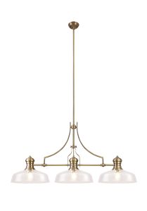 Peninaro Linear Pendant With 38cm Flat Round Shade, 3 x E27, Antique Brass/Clear Glass