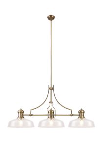 Peninaro Linear Multi Height Pendant With 38cm Flat Round Shade, 3 x E27, Antique Brass/Clear Glass