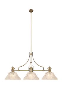 Peninaro Linear Multi Height Pendant With 38cm Patterned Round Shade, 3 x E27, Antique Brass/Clear Glass Item Weight: 19.1kg