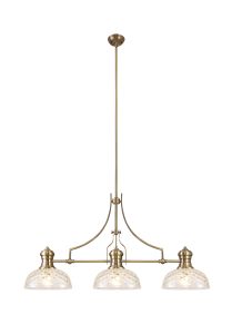 Peninaro Linear Multi Height Pendant With 30cm Flat Round Patterned Shade, 3 x E27, Antique Brass/Clear Glass