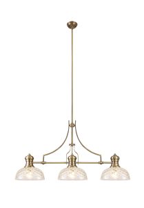 Peninaro Linear Pendant With 30cm Flat Round Patterned Shade, 3 x E27, Antique Brass/Clear Glass