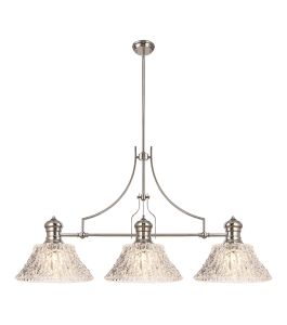 Peninaro Linear Multi Height Pendant With 38cm Patterned Round Shade, 3 x E27, Polished Nickel/Clear Glass Item Weight: 19.1kg