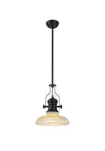 Peninaro 1 Light Multi Height Pendant E27 With 30cm Round Glass Shade, Matt Black/Amber