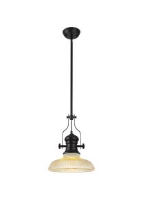 Peninaro 1 Light Pendant E27 With 30cm Round Glass Shade, Matt Black/Amber