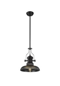 Peninaro 1 Light Multi Height Pendant E27 With 30cm Round Glass Shade, Matt Black/Smoked