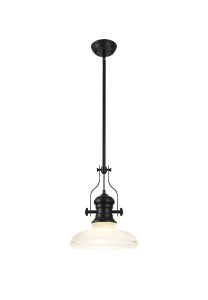 Peninaro 1 Light Pendant E27 With 30cm Round Glass Shade, Matt Black/Clear