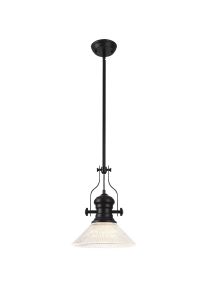 Peninaro 1 Light Multi Height Pendant E27 With 30cm Cone Glass Shade, Matt Black/Clear